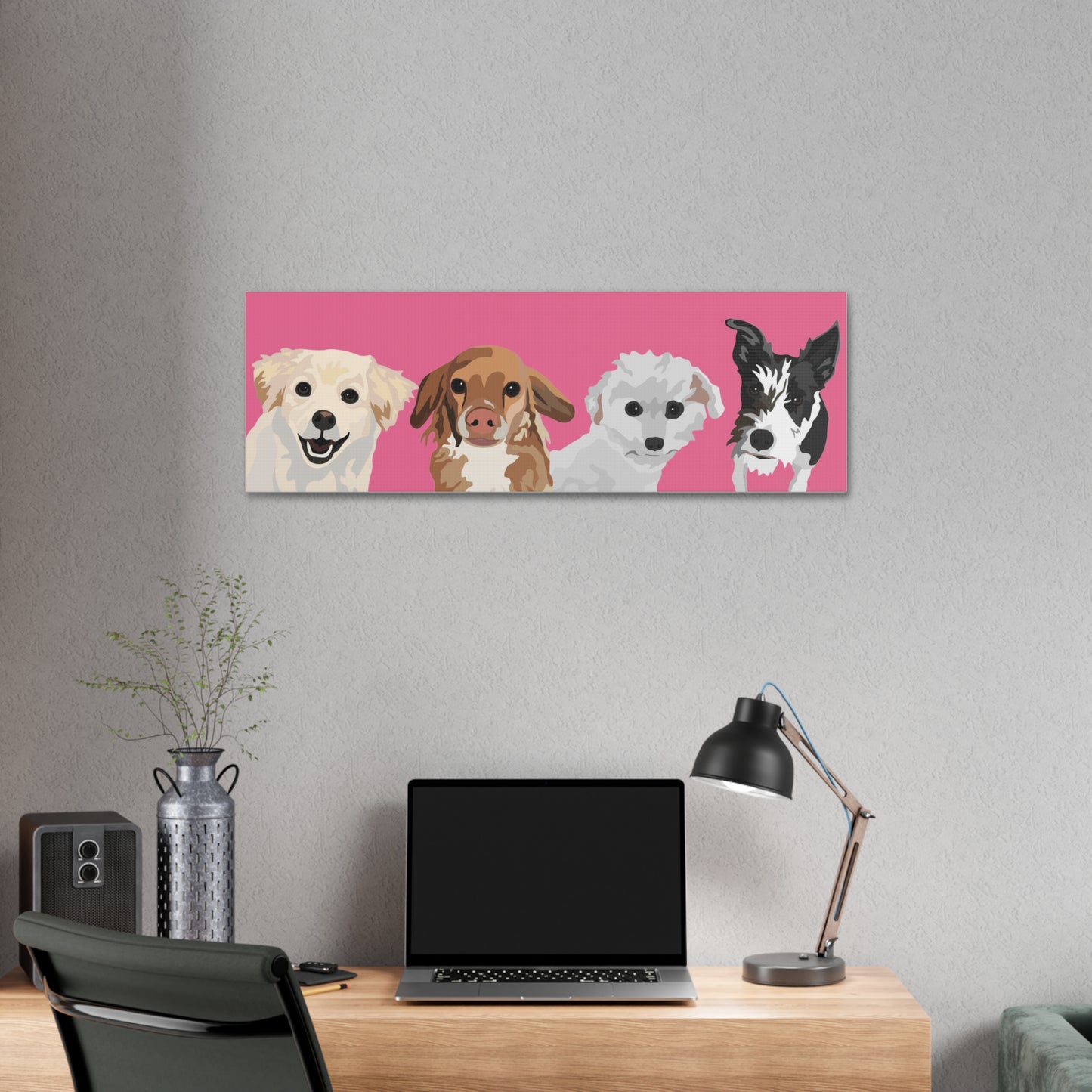 Four Pets Portrait on Canvas - 12"x36" Horizontal | Hot Pink Background | Custom Hand-Drawn Pet Portrait in Cartoon-Realism Style