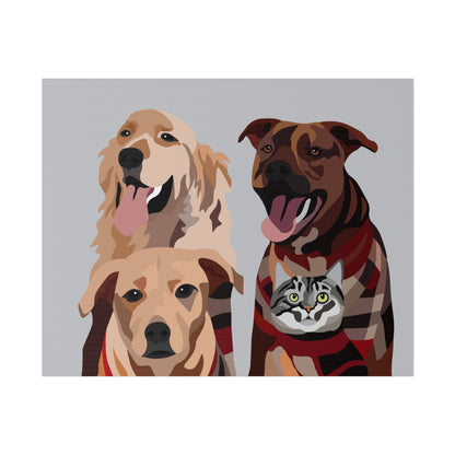 Four Pet Portrait on Canvas - Stacked Design | Light Grey Background | Custom Hand-Drawn Pet Portrait in Cartoon-Realism Style