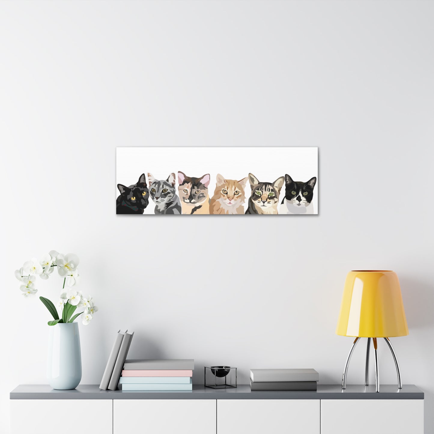 Six Pets Portrait on Canvas - 12"x36" Horizontal | White Background | Custom Hand-Drawn Pet Portrait in Cartoon-Realism Style