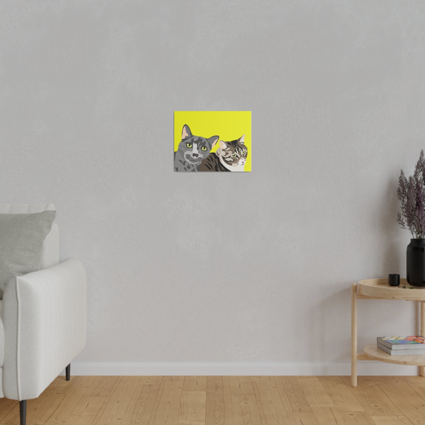 Two Pet Portrait on Canvas | Yellow Background | Custom Hand-Drawn Pet Portrait in Cartoon-Realism Style