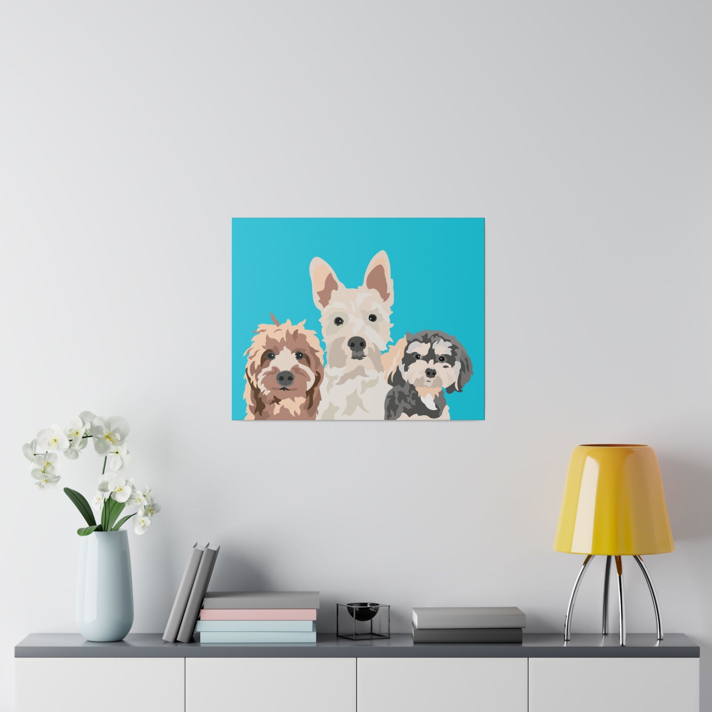 Three Pet Portrait on Canvas - Stacked Design | Caribbean Blue Background | Custom Hand-Drawn Pet Portrait in Cartoon-Realism Style