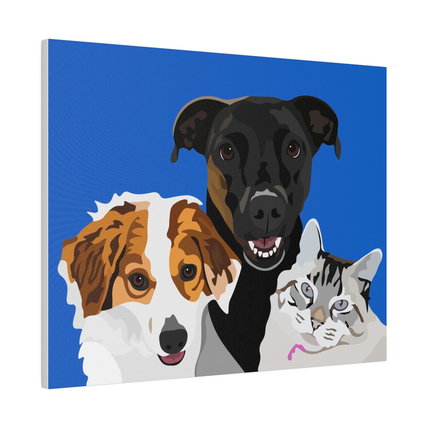 Three Pet Portrait on Canvas - Stacked Design | Royal Blue Background | Custom Hand-Drawn Pet Portrait in Cartoon-Realism Style