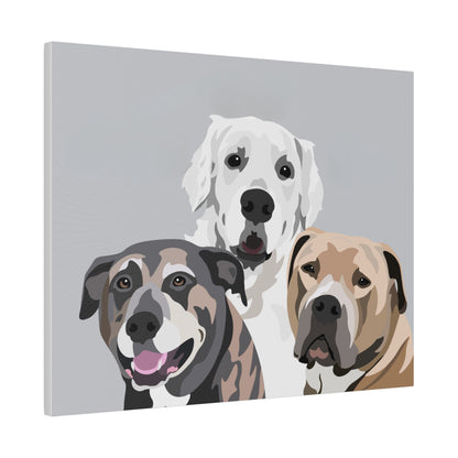 Three Pet Portrait on Canvas - Stacked Design | Light Grey Background | Custom Hand-Drawn Pet Portrait in Cartoon-Realism Style