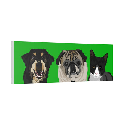 Three Pets Portrait on Canvas - 12"x36" Horizontal | Green Background | Custom Hand-Drawn Pet Portrait in Cartoon-Realism Style