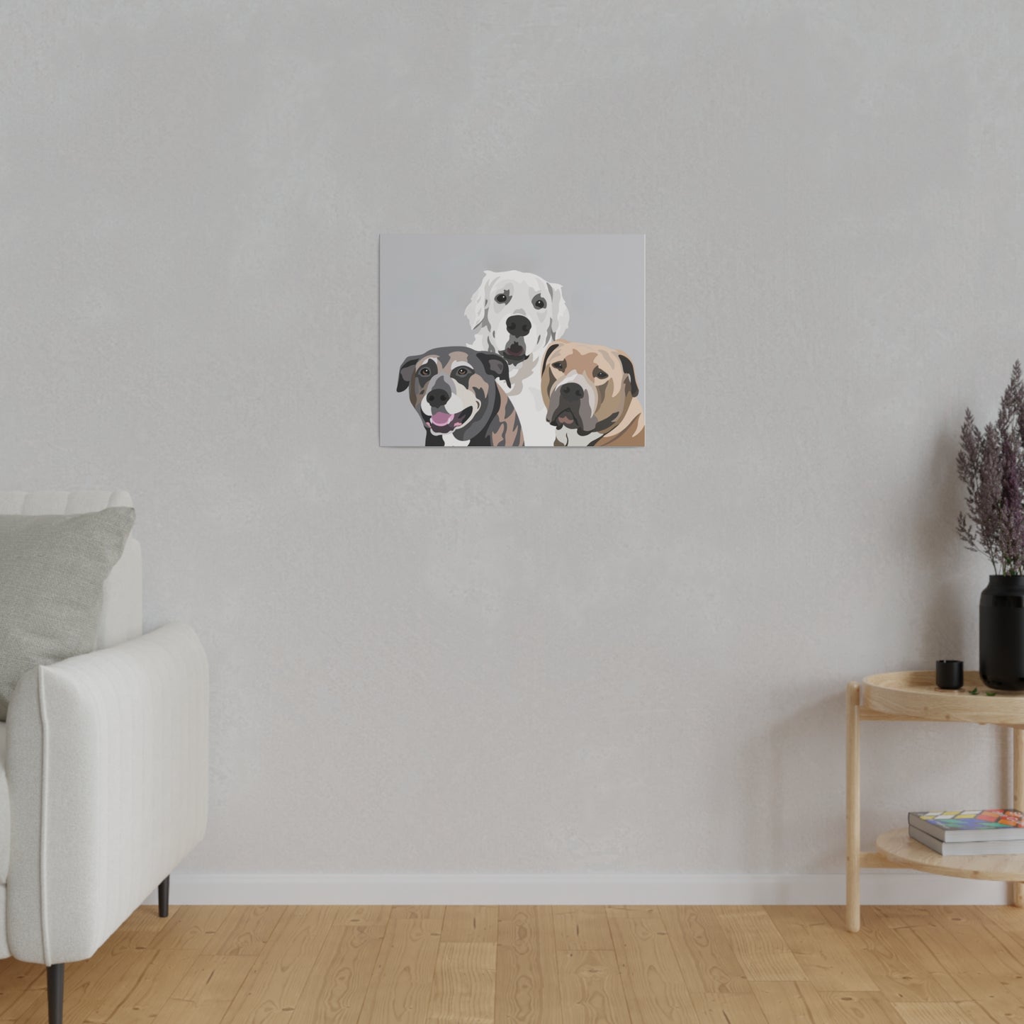 Three Pet Portrait on Canvas - Stacked Design | Light Grey Background | Custom Hand-Drawn Pet Portrait in Cartoon-Realism Style