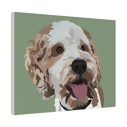 One Pet Portrait on Canvas | Sage Green Background | Custom Hand-Drawn Pet Portrait in Cartoon-Realism Style