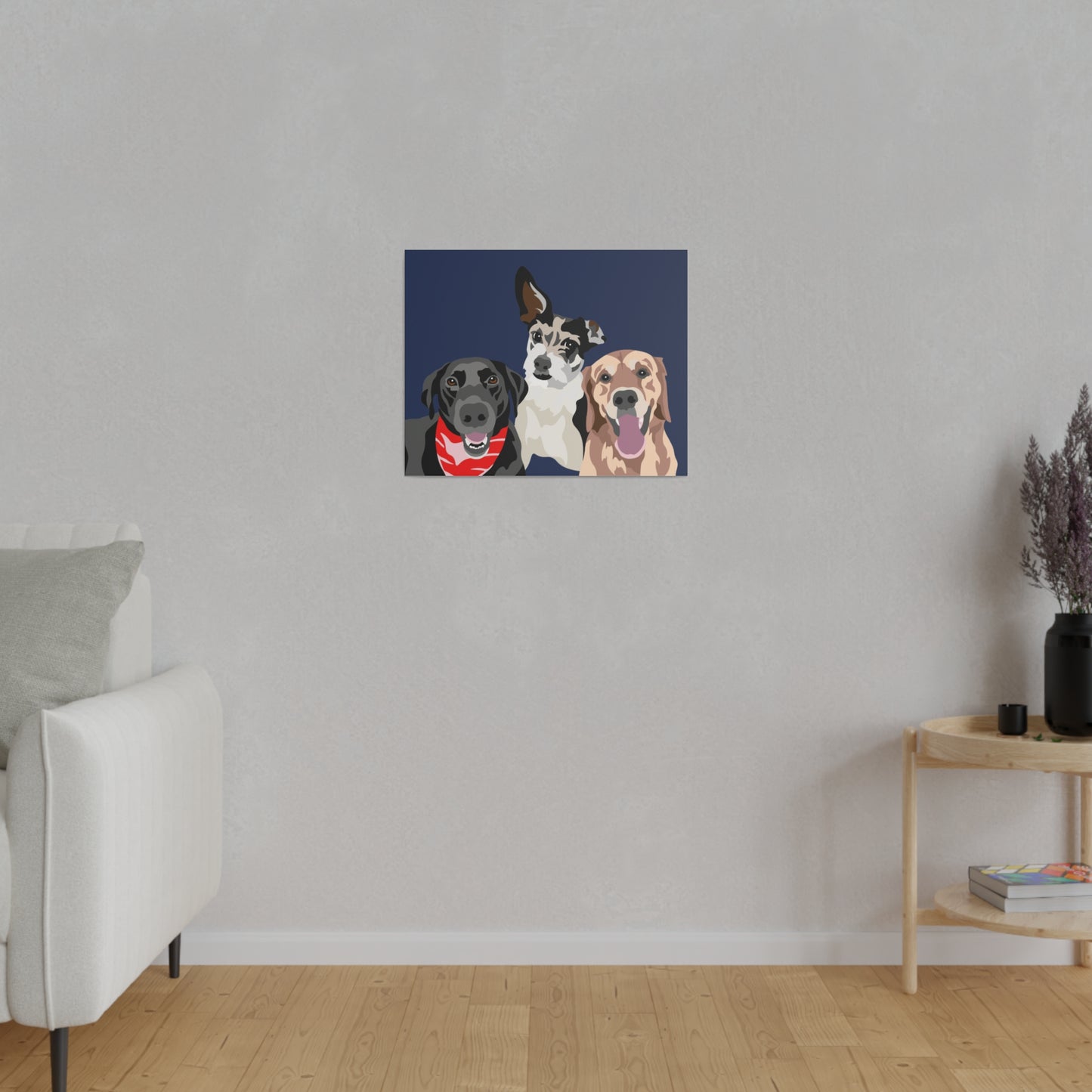 Three Pet Portrait on Canvas - Stacked Design | Navy Blue Background | Custom Hand-Drawn Pet Portrait in Cartoon-Realism Style