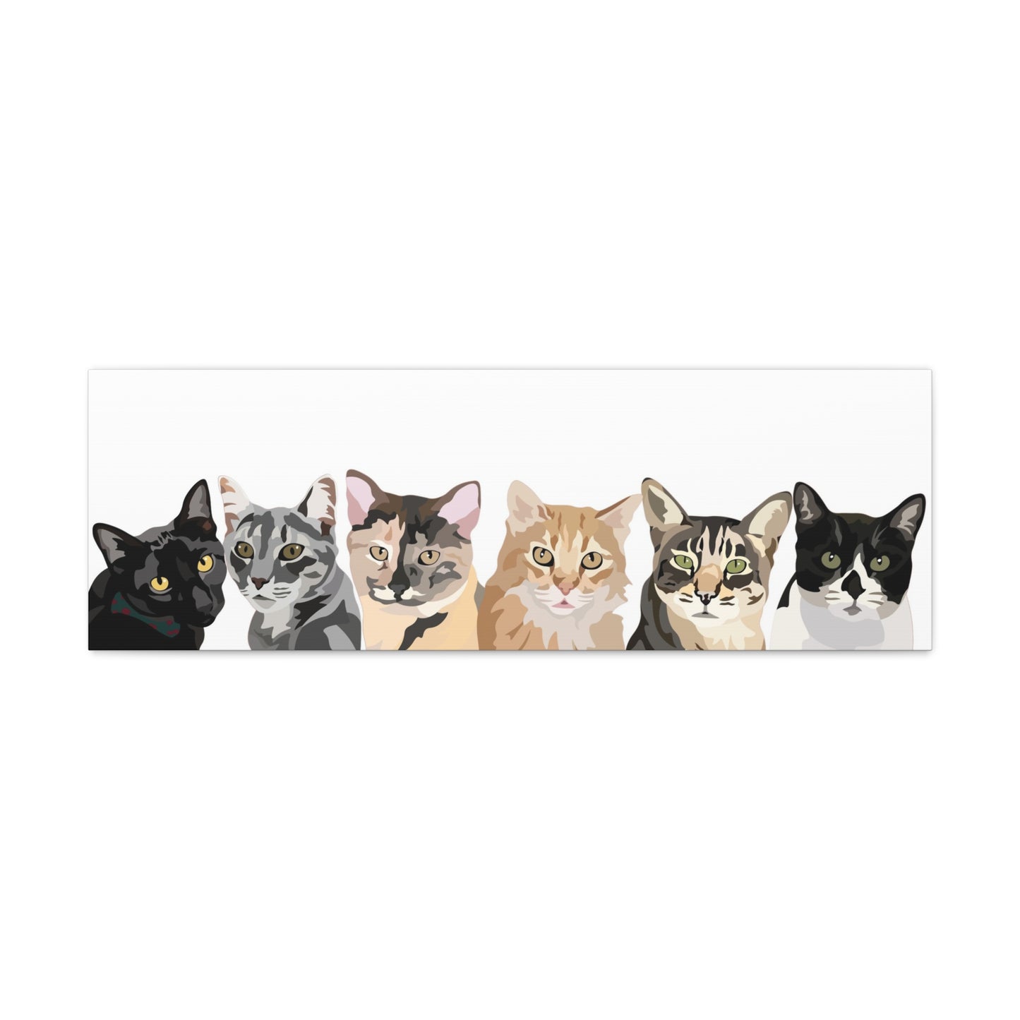 Six Pets Portrait on Canvas - 12"x36" Horizontal | White Background | Custom Hand-Drawn Pet Portrait in Cartoon-Realism Style