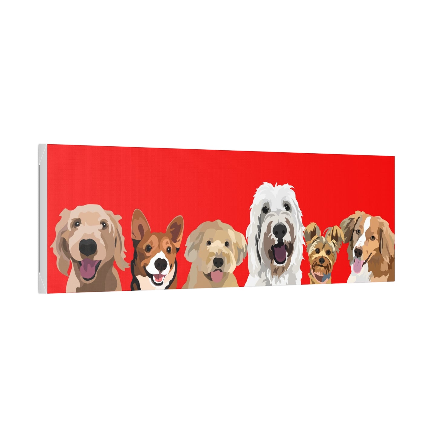 Six Pets Portrait on Canvas - 12"x36" Horizontal | Red Background | Custom Hand-Drawn Pet Portrait in Cartoon-Realism Style