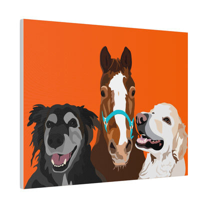 Three Pet Portrait on Canvas - Stacked Design | Orange Background | Custom Hand-Drawn Pet Portrait in Cartoon-Realism Style