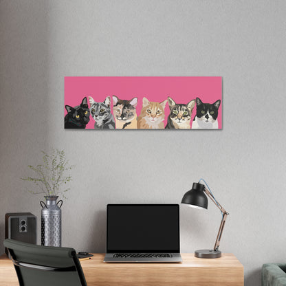 Six Pets Portrait on Canvas - 12"x36" Horizontal | Hot Pink Background | Custom Hand-Drawn Pet Portrait in Cartoon-Realism Style