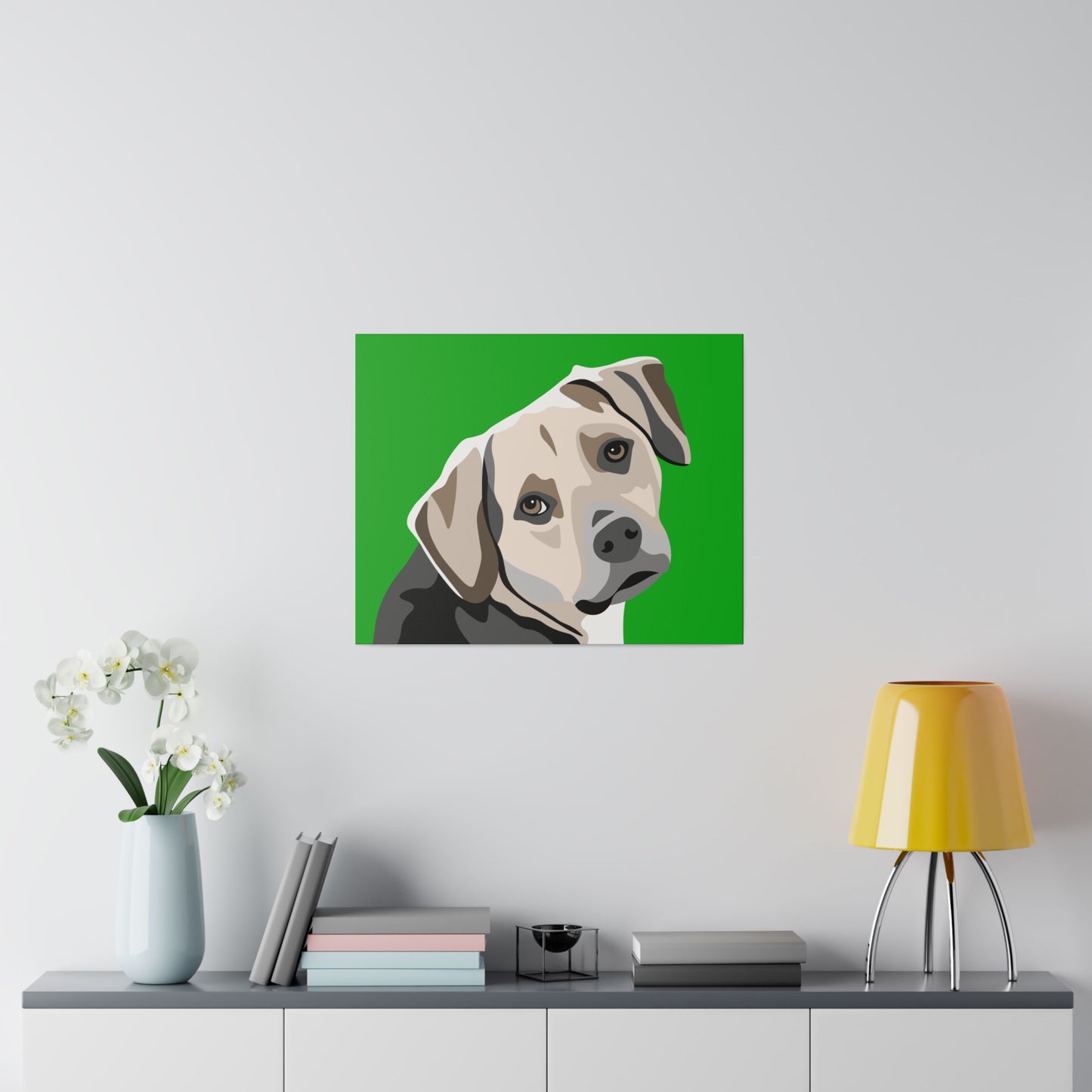 One Pet Portrait on Canvas | Green Background | Custom Hand-Drawn Pet Portrait in Cartoon-Realism Style