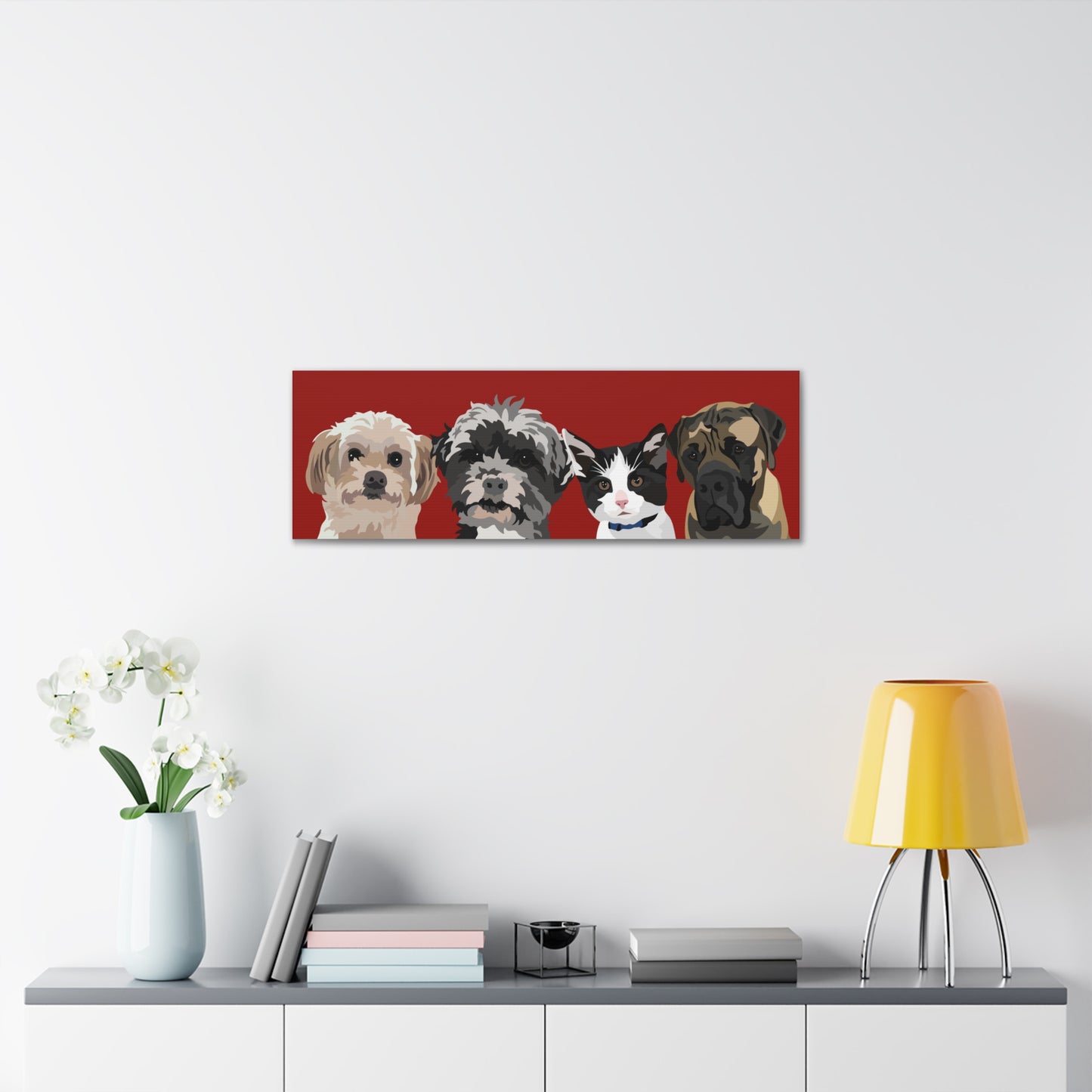 Four Pets Portrait on Canvas -12"x36" Horizontal | Brick Red Background | Custom Hand-Drawn Pet Portrait in Cartoon-Realism Style