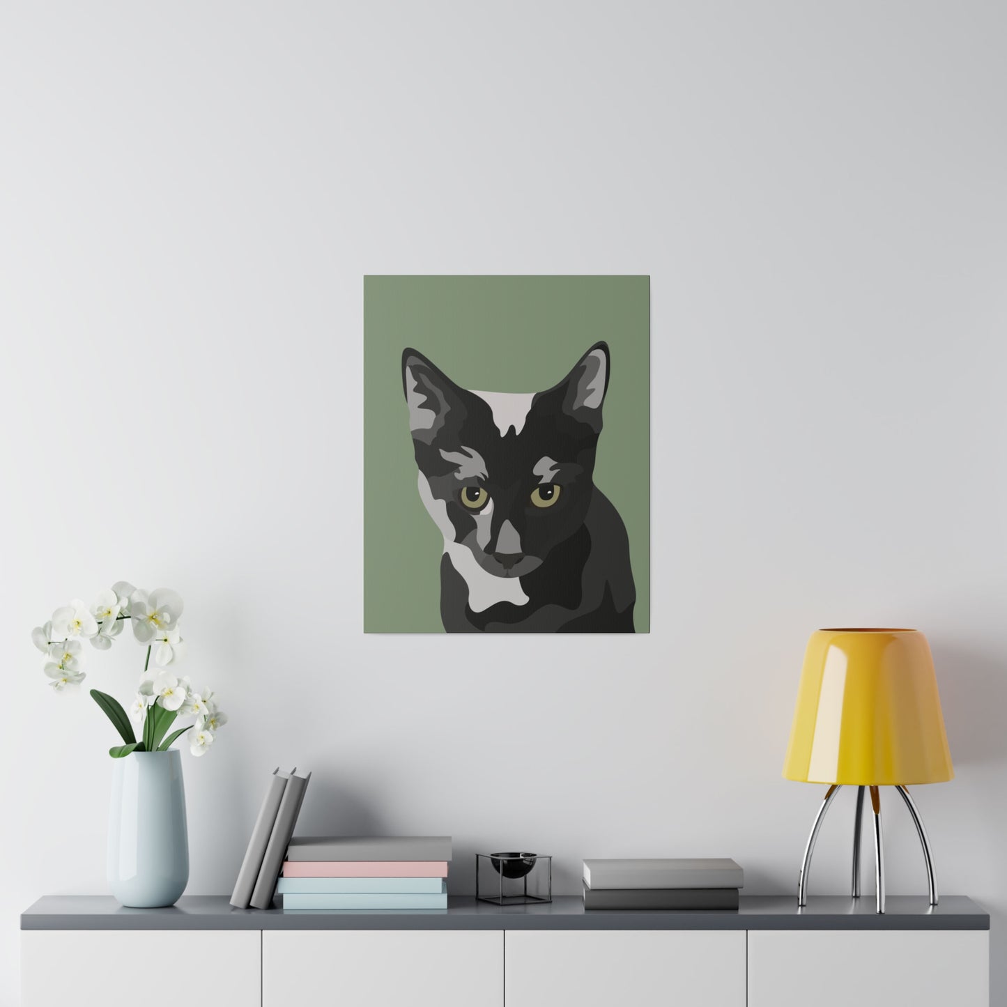 One Pet Portrait on Canvas | Sage Green Background | Custom Hand-Drawn Pet Portrait in Cartoon-Realism Style