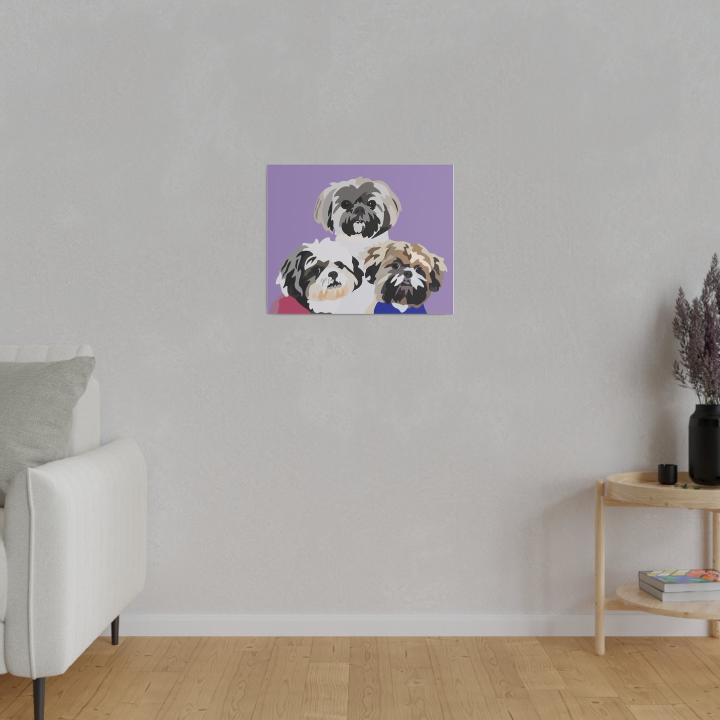 Three Pet Portrait on Canvas - Stacked Design | Lavender Purple Background | Custom Hand-Drawn Pet Portrait in Cartoon-Realism Style