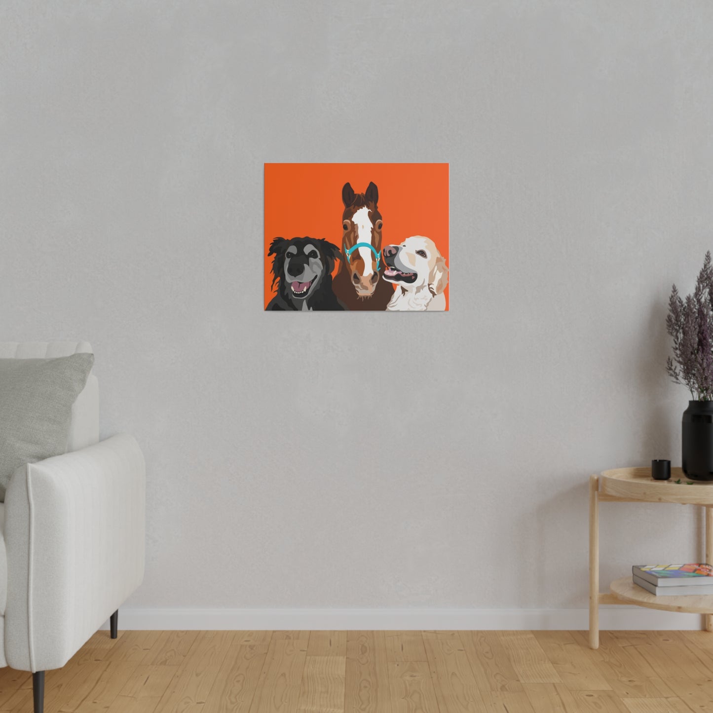 Three Pet Portrait on Canvas - Stacked Design | Orange Background | Custom Hand-Drawn Pet Portrait in Cartoon-Realism Style