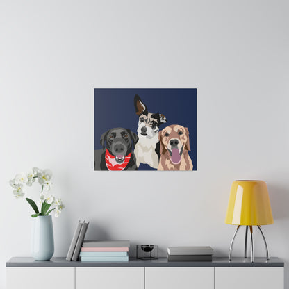 Three Pet Portrait on Canvas - Stacked Design | Navy Blue Background | Custom Hand-Drawn Pet Portrait in Cartoon-Realism Style