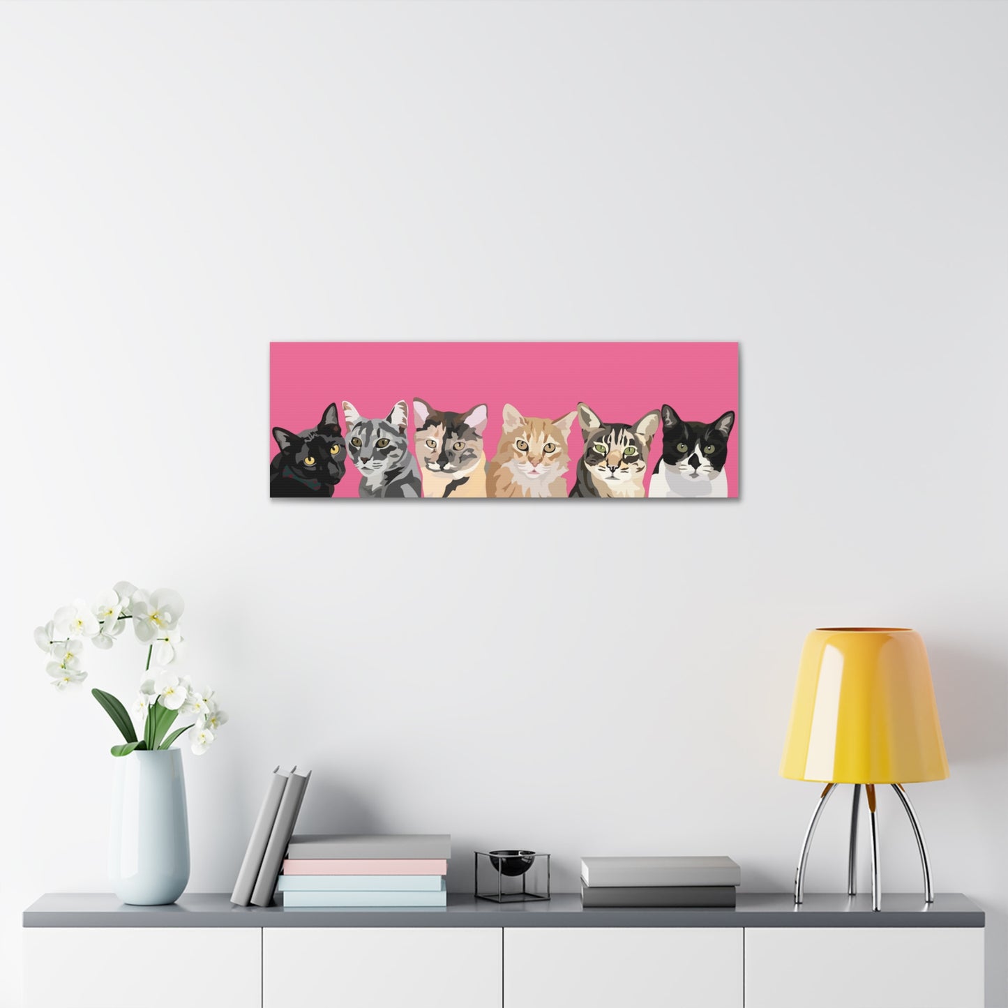 Six Pets Portrait on Canvas - 12"x36" Horizontal | Hot Pink Background | Custom Hand-Drawn Pet Portrait in Cartoon-Realism Style