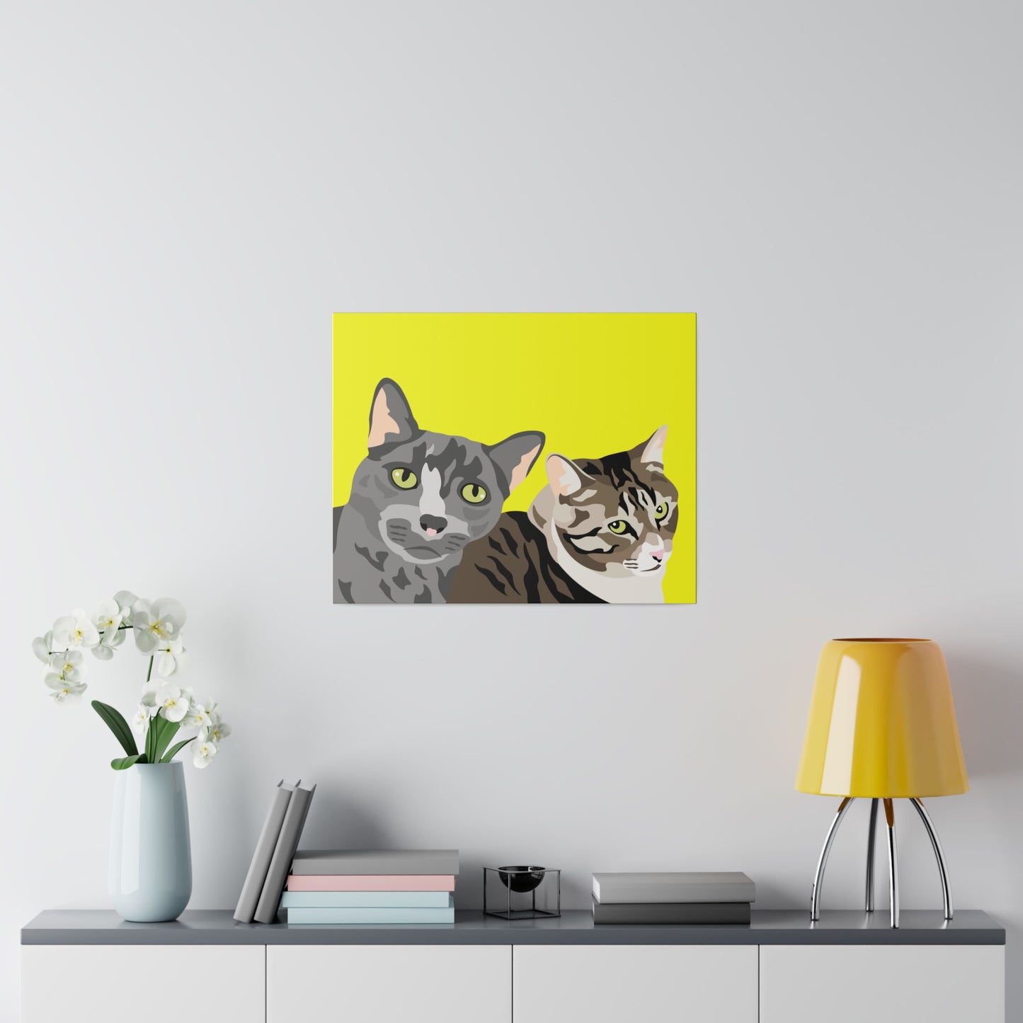 Two Pet Portrait on Canvas | Yellow Background | Custom Hand-Drawn Pet Portrait in Cartoon-Realism Style