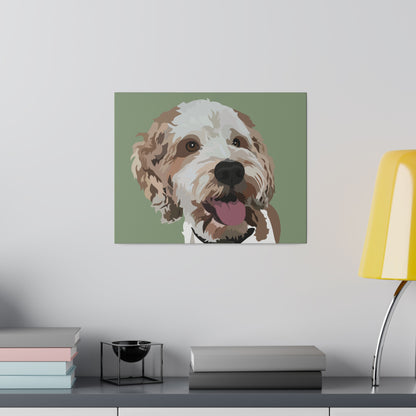 One Pet Portrait on Canvas | Sage Green Background | Custom Hand-Drawn Pet Portrait in Cartoon-Realism Style