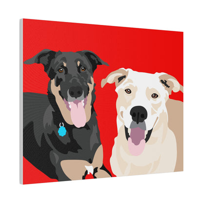 Two Pet Portrait on Canvas | Red Background | Custom Hand-Drawn Pet Portrait in Cartoon-Realism Style