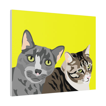 Two Pet Portrait on Canvas | Yellow Background | Custom Hand-Drawn Pet Portrait in Cartoon-Realism Style