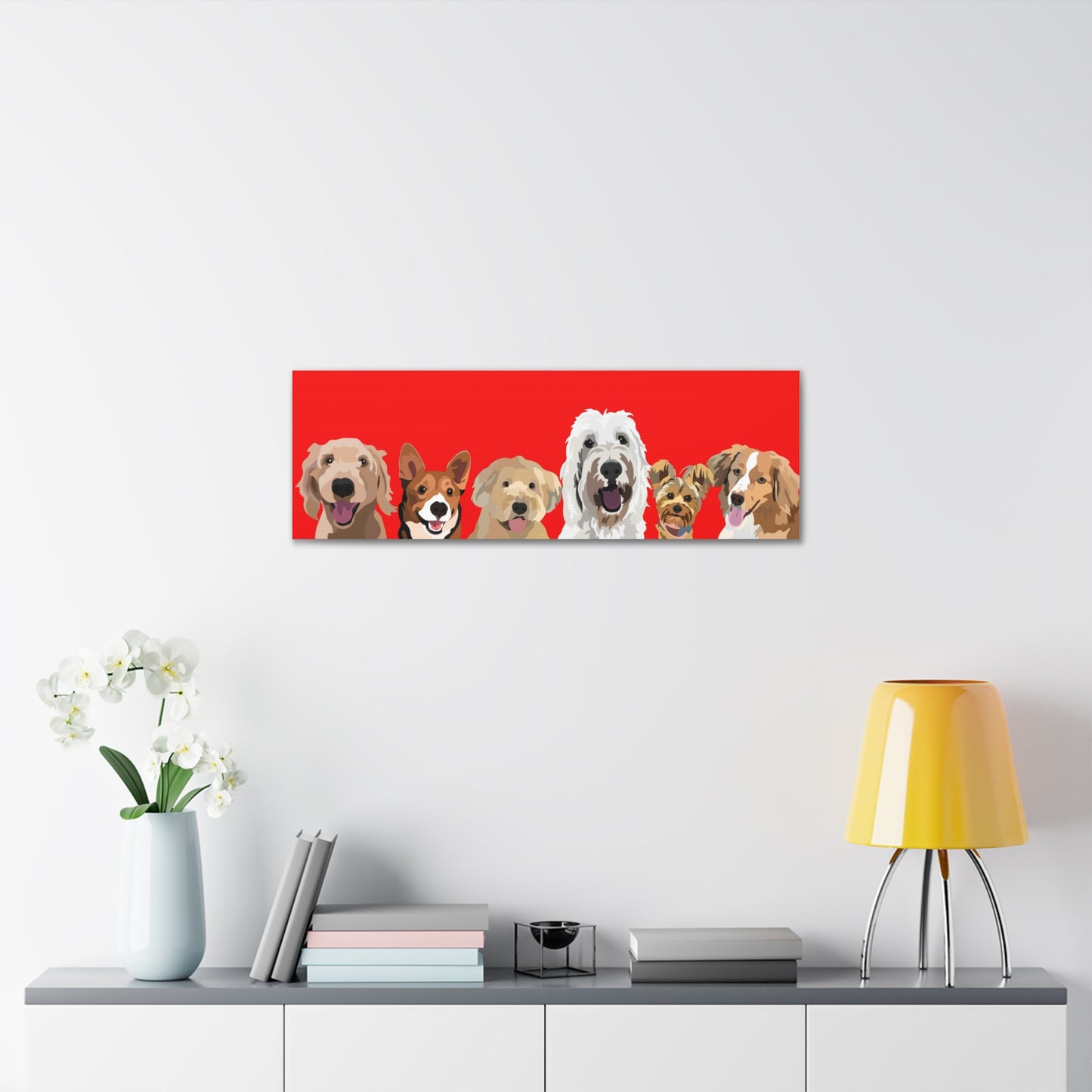 Six Pets Portrait on Canvas - 12"x36" Horizontal | Red Background | Custom Hand-Drawn Pet Portrait in Cartoon-Realism Style