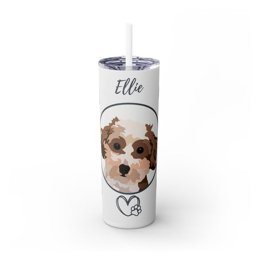 One Pet | White with Dark Grey Heart Paw Prints | Skinny Tumbler with Straw, 20oz with Personalized Name