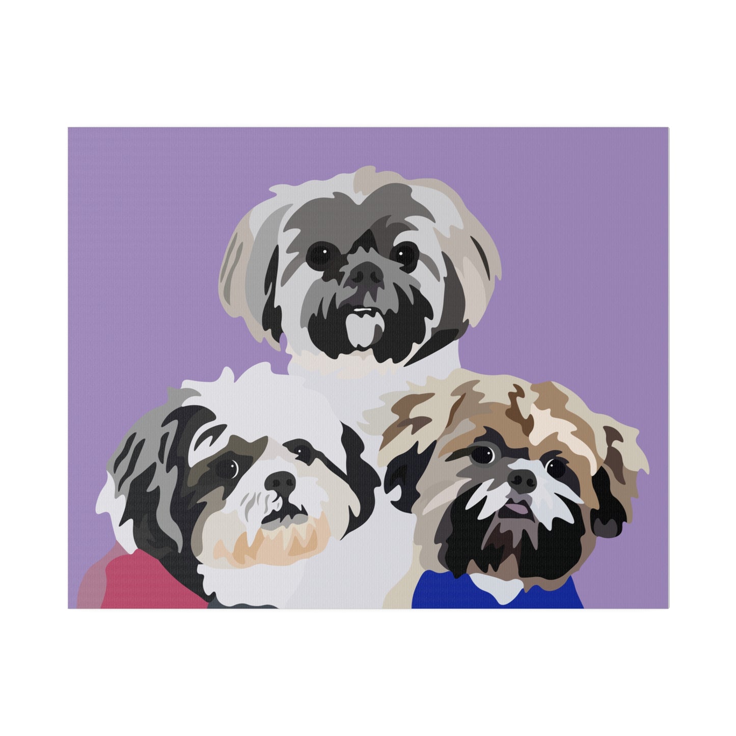 Three Pet Portrait on Canvas - Stacked Design | Lavender Purple Background | Custom Hand-Drawn Pet Portrait in Cartoon-Realism Style