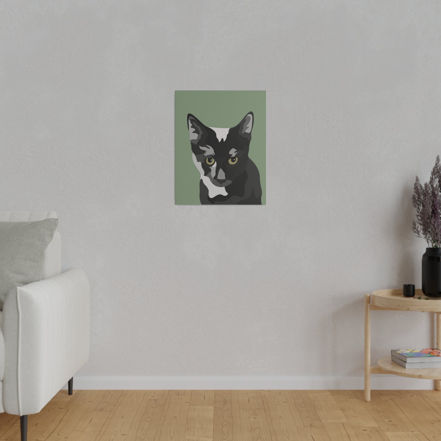 One Pet Portrait on Canvas | Sage Green Background | Custom Hand-Drawn Pet Portrait in Cartoon-Realism Style