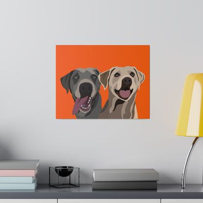 Two Pet Portrait on Canvas | Orange Background | Custom Hand-Drawn Pet Portrait in Cartoon-Realism Style