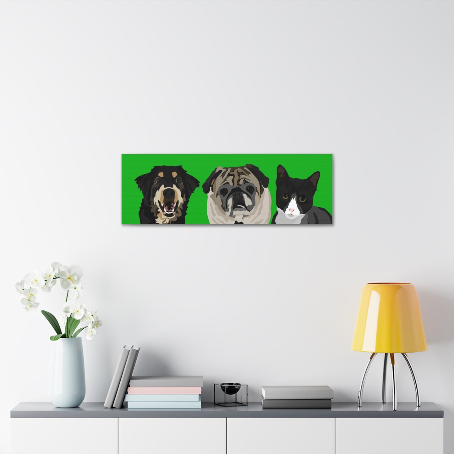 Three Pets Portrait on Canvas - 12"x36" Horizontal | Green Background | Custom Hand-Drawn Pet Portrait in Cartoon-Realism Style