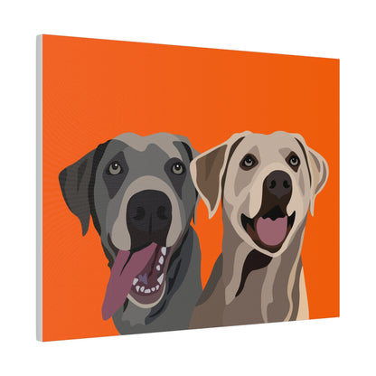 Two Pet Portrait on Canvas | Orange Background | Custom Hand-Drawn Pet Portrait in Cartoon-Realism Style