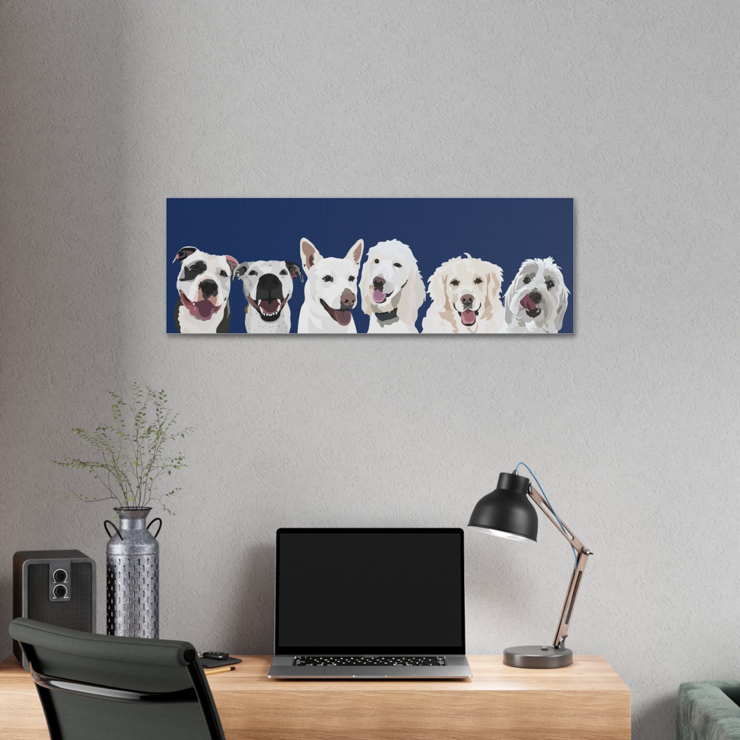 Six Pets Portrait on Canvas - 12"x36" Horizontal | Navy Blue Background | Custom Hand-Drawn Pet Portrait in Cartoon-Realism Style