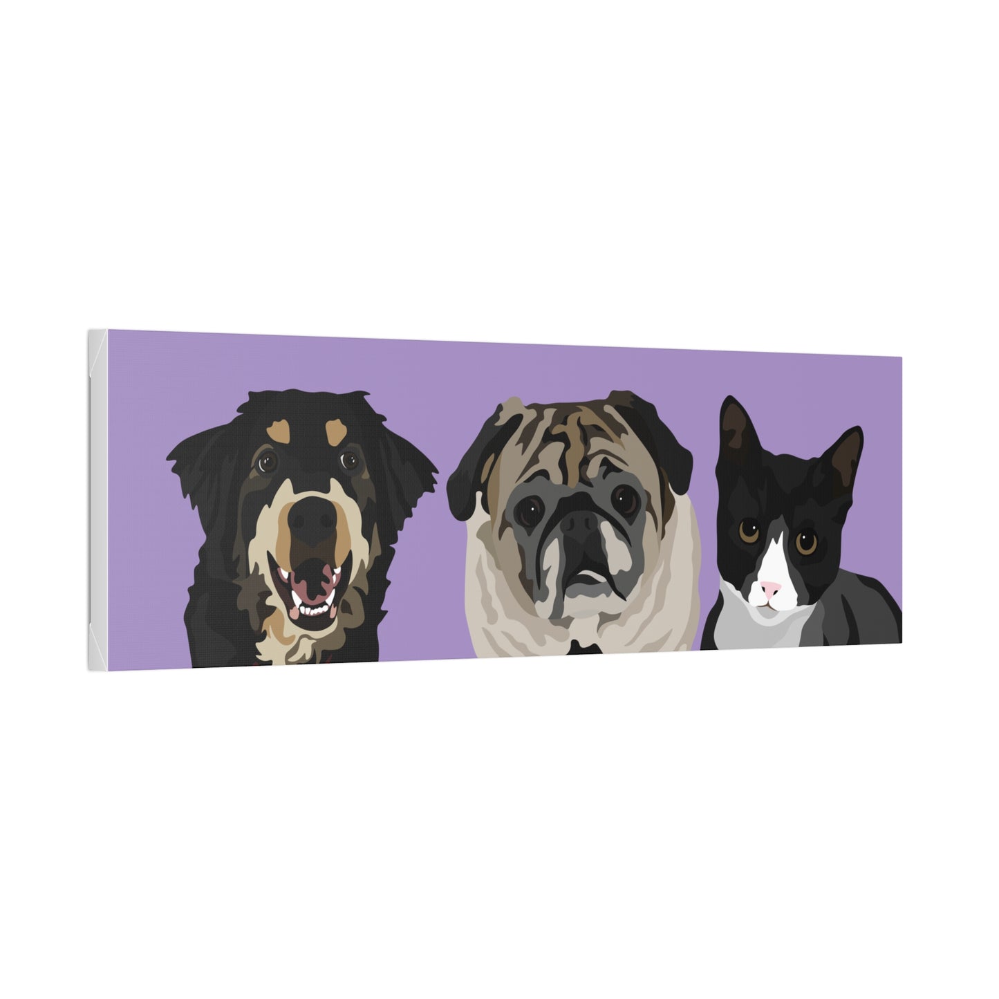 Three Pets Portrait on Canvas - 12"x36" Horizontal  | Lavender Purple Background | Custom Hand-Drawn Pet Portrait in Cartoon-Realism Style