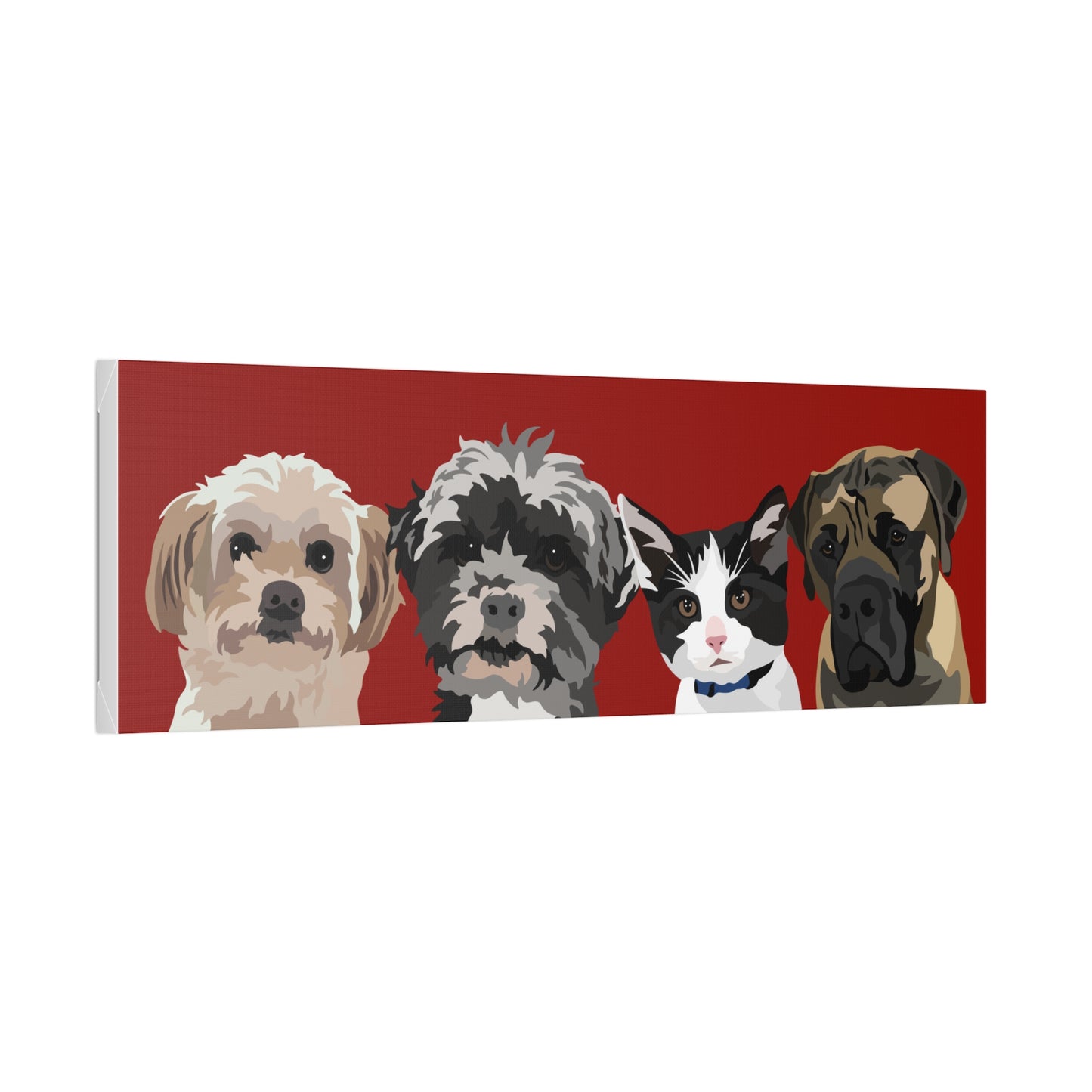 Four Pets Portrait on Canvas -12"x36" Horizontal | Brick Red Background | Custom Hand-Drawn Pet Portrait in Cartoon-Realism Style