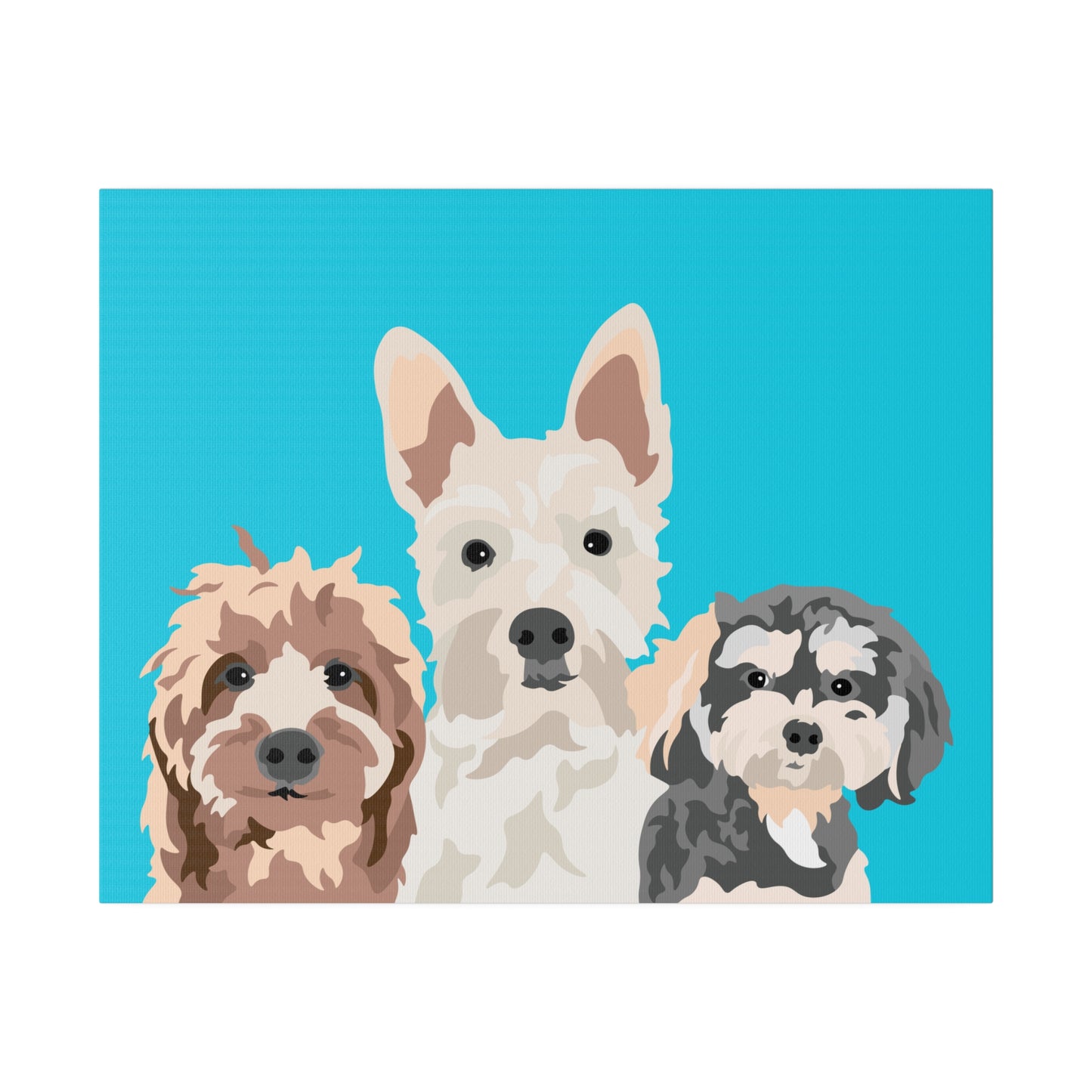 Three Pet Portrait on Canvas - Stacked Design | Caribbean Blue Background | Custom Hand-Drawn Pet Portrait in Cartoon-Realism Style