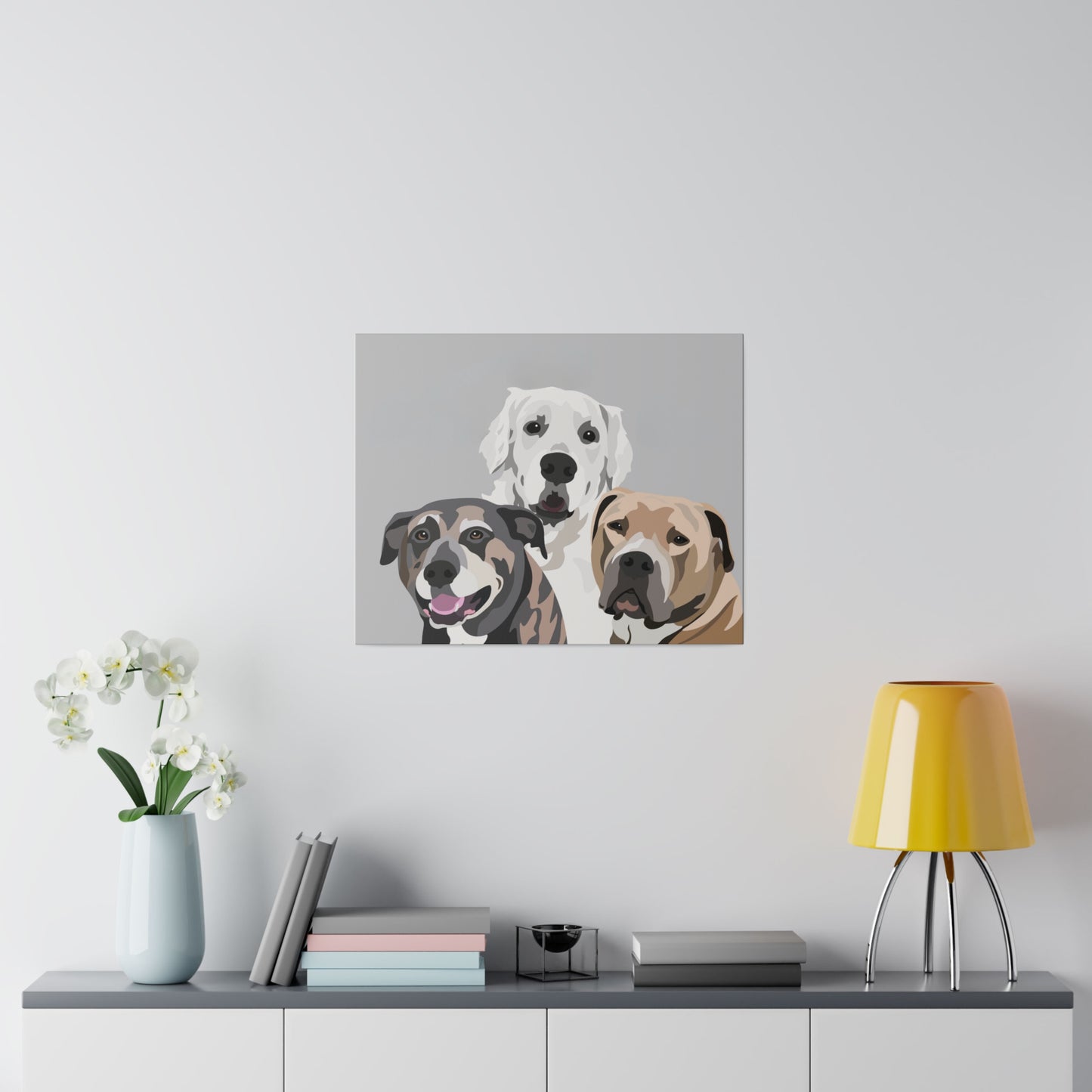 Three Pet Portrait on Canvas - Stacked Design | Light Grey Background | Custom Hand-Drawn Pet Portrait in Cartoon-Realism Style