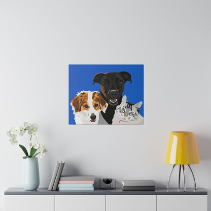 Three Pet Portrait on Canvas - Stacked Design | Royal Blue Background | Custom Hand-Drawn Pet Portrait in Cartoon-Realism Style