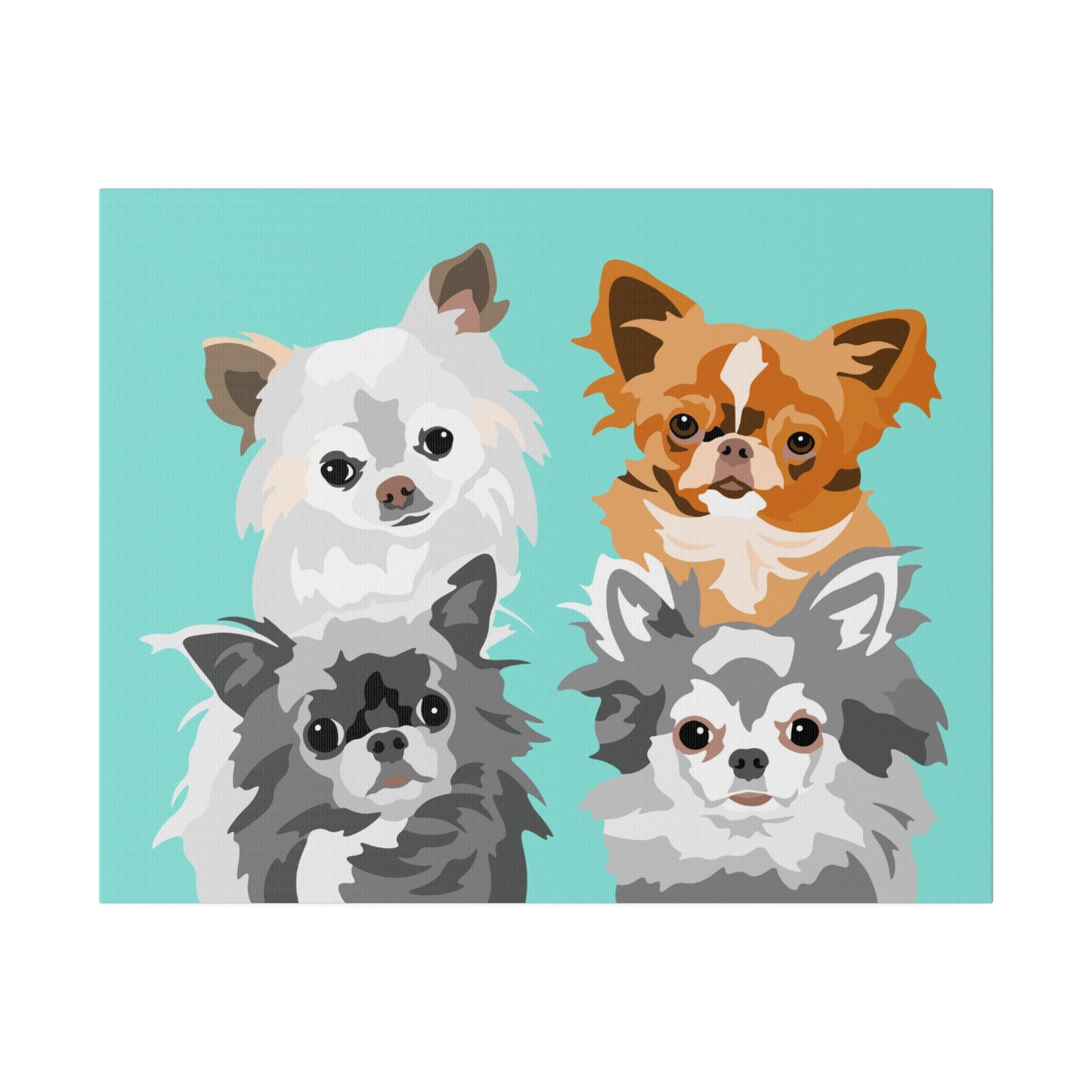 Four Pet Portrait on Canvas - Stacked Design | Teal Background | Custom Hand-Drawn Pet Portrait in Cartoon-Realism Style