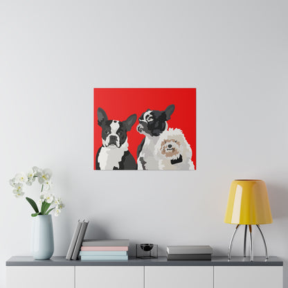 Three Pet Portrait on Canvas - Stacked Design | Red Background | Custom Hand-Drawn Pet Portrait in Cartoon-Realism Style