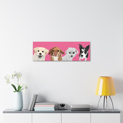 Four Pets Portrait on Canvas - 12"x36" Horizontal | Hot Pink Background | Custom Hand-Drawn Pet Portrait in Cartoon-Realism Style