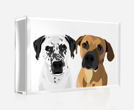 Two Pet Portraits on Crystal Photo Block - White Background | Custom Hand-Drawn Pet Portrait in Cartoon-Realism Style