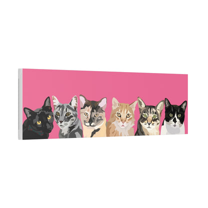 Six Pets Portrait on Canvas - 12"x36" Horizontal | Hot Pink Background | Custom Hand-Drawn Pet Portrait in Cartoon-Realism Style