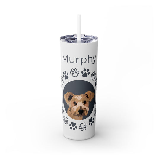 One Pet | White with Gray Circle Frame and Paw Prints | Skinny Tumbler with Straw, 20oz with Personalized Name