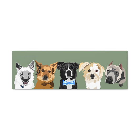 Five Pets Portrait on Canvas - 12"x36" Horizontal | Sage Green Background | Custom Hand-Drawn Pet Portrait in Cartoon-Realism Style