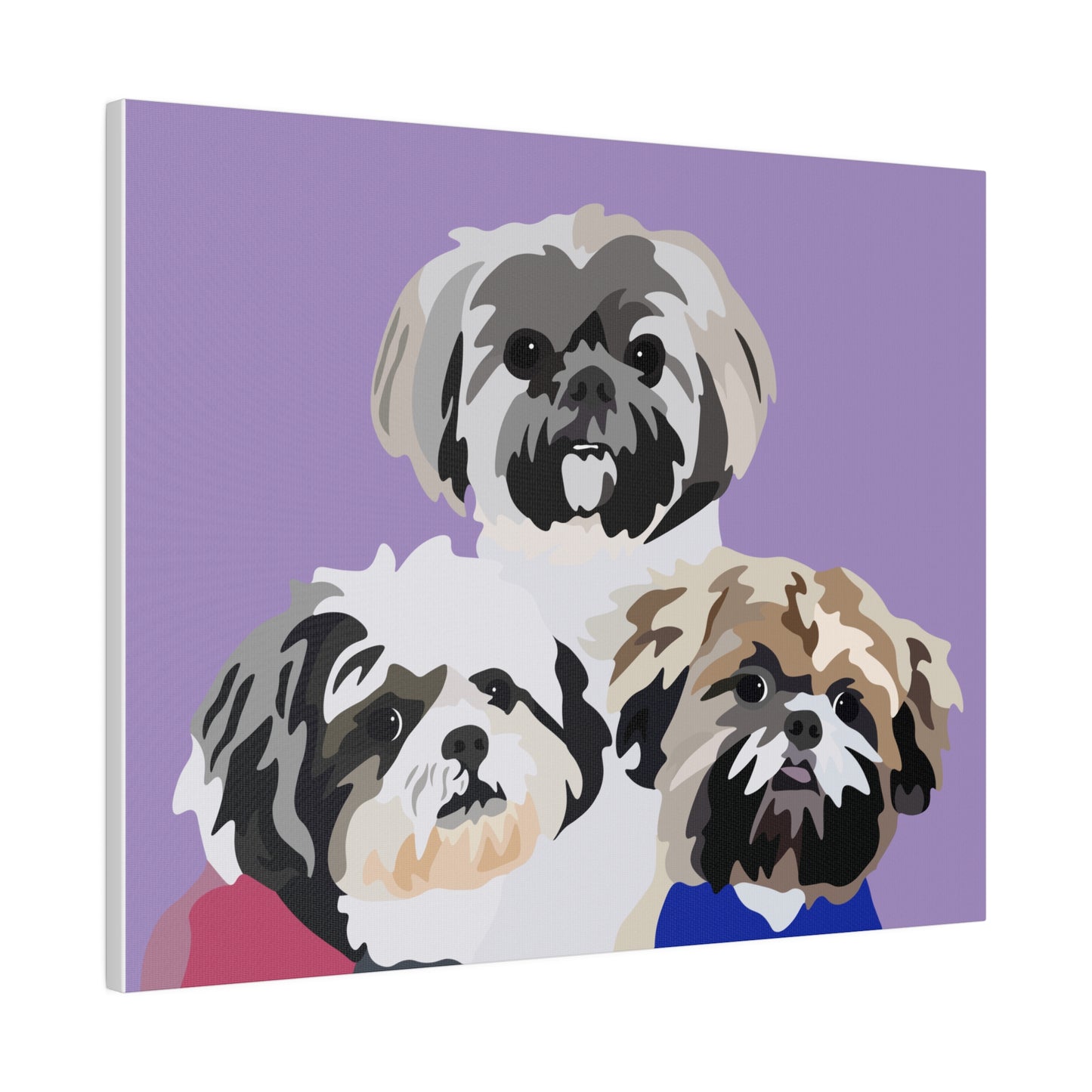 Three Pet Portrait on Canvas - Stacked Design | Lavender Purple Background | Custom Hand-Drawn Pet Portrait in Cartoon-Realism Style