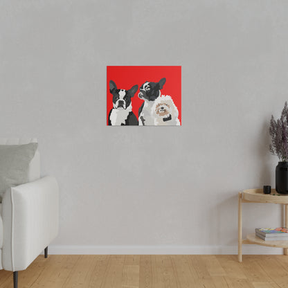 Three Pet Portrait on Canvas - Stacked Design | Red Background | Custom Hand-Drawn Pet Portrait in Cartoon-Realism Style