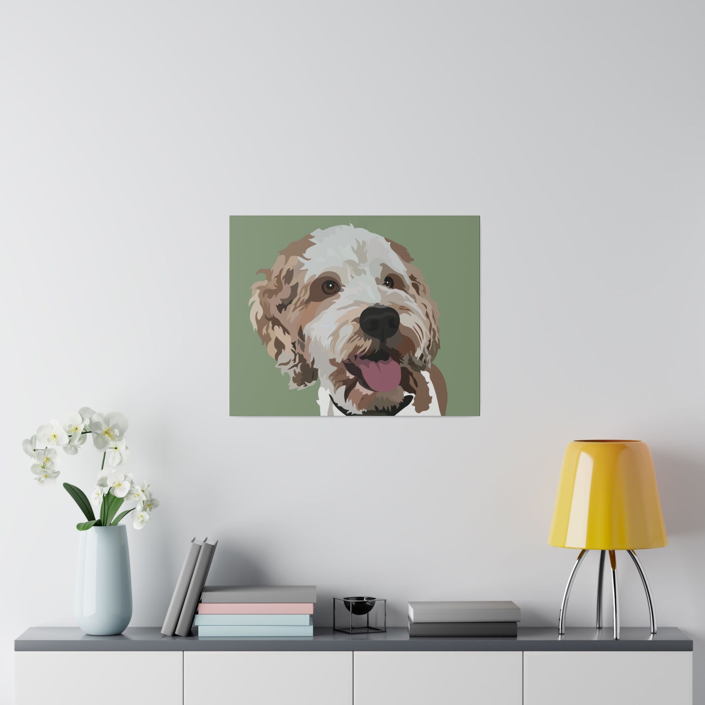 One Pet Portrait on Canvas | Sage Green Background | Custom Hand-Drawn Pet Portrait in Cartoon-Realism Style