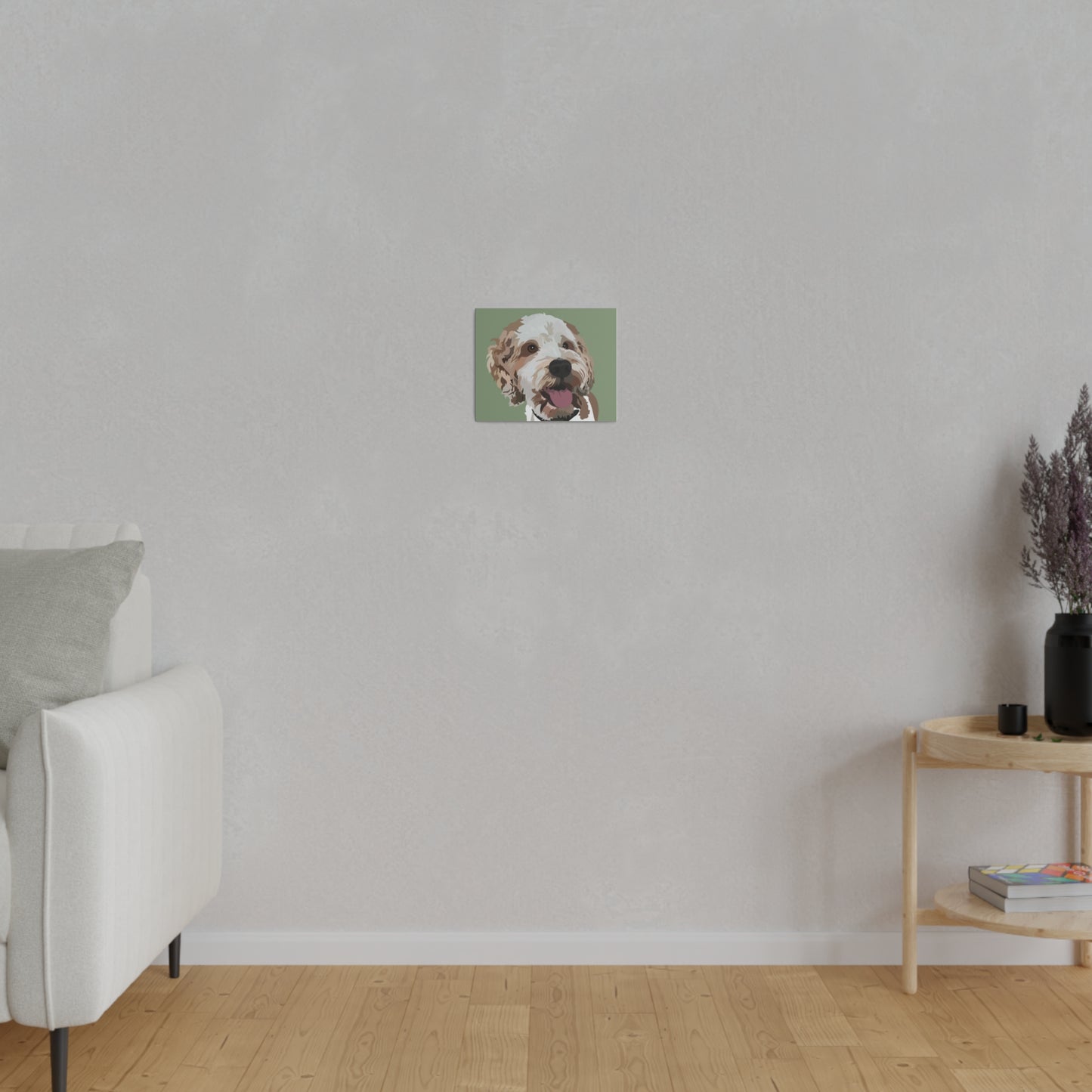 One Pet Portrait on Canvas | Sage Green Background | Custom Hand-Drawn Pet Portrait in Cartoon-Realism Style